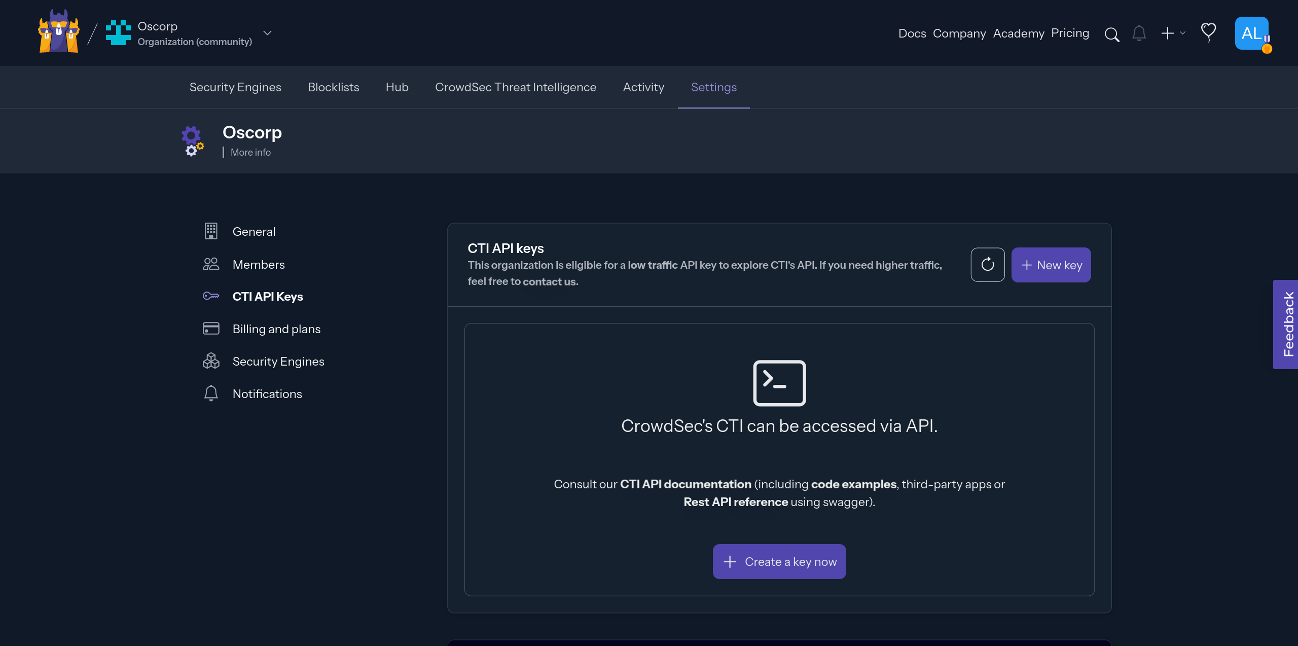 CrowdSec Create API Key Page